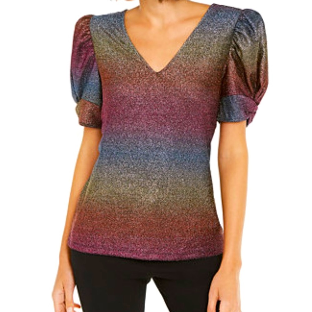 INC Rainbow Shine Puff Sleeve V-Neck Top Small NWT
